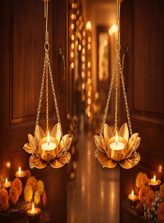 AGAAS ENTERPRISES Metal Lotus Hanging Tealight Candle Holder Set of 2 with Chain | Decorative Hanging Diya for Diwali, Pooja Room, Home, Wedding & Festive Gifting - Image 3